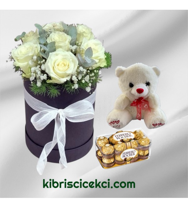 Kutuda 7 Beyaz Gül Ayıcık 16'lı Ferrero Çikolata